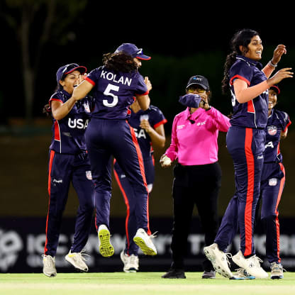 Players of USA taking the wicket of Nilakshi De Silva of Sri Lanka (not pictured) during the ICC Women's T20 World Cup Qualifier 2024 match between USA and Sri Lanka at Tolerance Oval on May 03, 2024 in Abu Dhabi, United Arab Emirates.