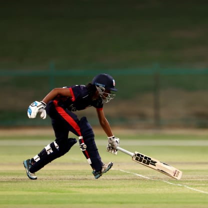 Pooja Ganesh of USA runs for the crease during the ICC Women's T20 World Cup Qualifier 2024 match between Thailand and USA at Zayed Cricket Stadium on May 01, 2024 in Abu Dhabi, United Arab Emirates.