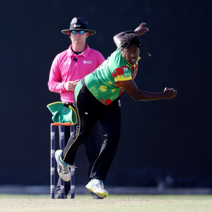 Rachel Andrew of Vanuatu bowls during the ICC Women's T20 World Cup Qualifier 2024 match between United Arab Emirates and Vanuatu at Zayed Cricket Stadium on May 03, 2024 in Abu Dhabi, United Arab Emirates.