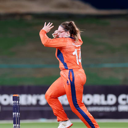Caroline De Lange of the Netherlands bowls during the ICC Women's T20 World Cup Qualifier 2024 match between Netherlands and Ireland at Zayed Cricket Stadium on May 03, 2024 in Abu Dhabi, United Arab Emirates.