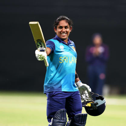 Chamari Athapaththu of Sri Lanka celebrates her century during the ICC Women's T20 World Cup Qualifier 2024 Final match between Scotland and Sri Lanka at Zayed Cricket Stadium on May 07, 2024 in Abu Dhabi, United Arab Emirates.