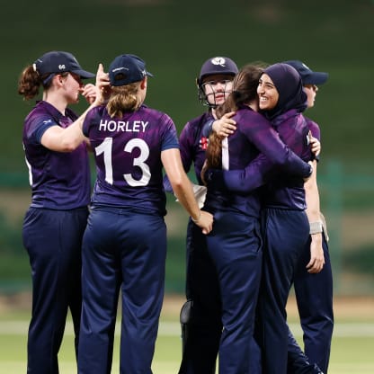 Katherine Fraser of Scotland celebrates the wicket of Harshitha Madavi of Sri Lanka during the ICC Women's T20 World Cup Qualifier 2024 Final match between Scotland and Sri Lanka at Zayed Cricket Stadium on May 07, 2024 in Abu Dhabi, United Arab Emirates.