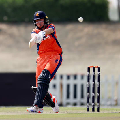 Sterre Kalis of the Netherlands hits four runs during the ICC Women's T20 World Cup Qualifier 2024 match between Zimbabwe and Netherlands at Tolerance Oval on May 01, 2024 in Abu Dhabi, United Arab Emirates.