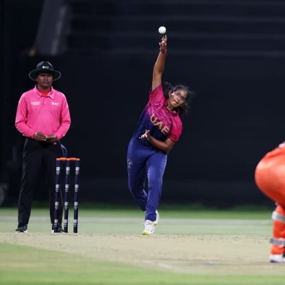 Vaishnave Mahesh of United Arab Emirates in bowling action during the ICC Women's T20 World Cup Qualifier 2024 match between Netherlands and United Arab Emirates at Zayed Cricket Stadium on April 29, 2024 in Abu Dhabi, United Arab Emirates.