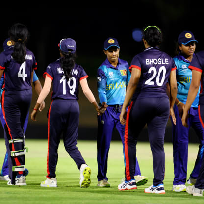 Players of Sri Lanka shakes hands with players of USA after the ICC Women's T20 World Cup Qualifier 2024 match between USA and Sri Lanka at Tolerance Oval on May 03, 2024 in Abu Dhabi, United Arab Emirates.