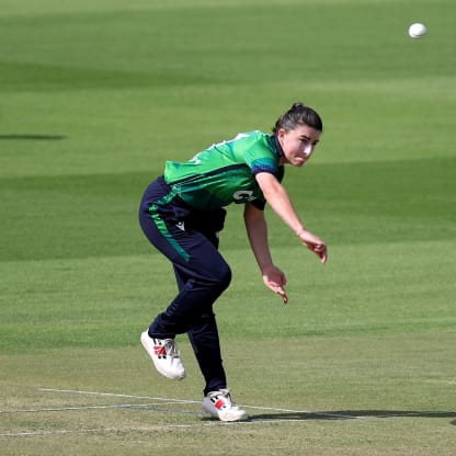 Arlene Kelly of Ireland bowls during the ICC Women's T20 World Cup Qualifier 2024 match between Ireland and United Arab Emirates at Zayed Cricket Stadium on April 25, 2024 in Abu Dhabi, United Arab Emirates.