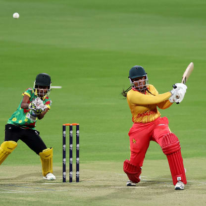 Sharne Mayers of Zimbabwe bats during the ICC Women's T20 World Cup Qualifier 2024 match between Zimbabwe and Vanuatu at Zayed Cricket Stadium on April 25, 2024 in Abu Dhabi, United Arab Emirates.