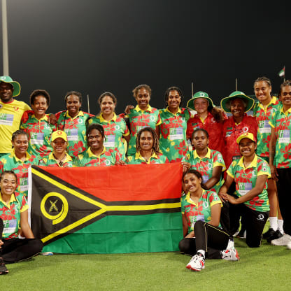 Players of Vanuatu pose for a team photograph after the ICC Women's T20 World Cup Qualifier 2024 match between Zimbabwe and Vanuatu at Zayed Cricket Stadium on April 25, 2024 in Abu Dhabi, United Arab Emirates.