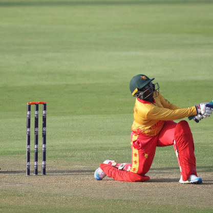 Pellagia Mujaji of Zimbabwe plays a shot as Amy Hunter of Ireland keeps during the ICC Women's T20 World Cup Qualifier 2024 match between Ireland and Zimbabwe at Zayed Cricket Stadium on April 29, 2024 in Abu Dhabi, United Arab Emirates.