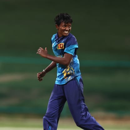 Kavisha Dilhari of Sri Lanka celebrates the wicket of Katherine Fraser of Scotland during the ICC Women's T20 World Cup Qualifier 2024 Final match between Scotland and Sri Lanka at Zayed Cricket Stadium on May 07, 2024 in Abu Dhabi, United Arab Emirates. 