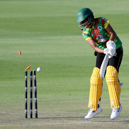 Vicky Mansale of Vanuatu is bowled out by Samaira Dharnidharka of United Arab Emirates (not pictured) during the ICC Women's T20 World Cup Qualifier 2024 match between United Arab Emirates and Vanuatu at Zayed Cricket Stadium on May 03, 2024 in Abu Dhabi, United Arab Emirates.