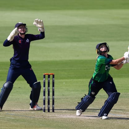 Eimear Richardson of Ireland bats as wicket keeper Sarah Bryce of Scotland looks on during the ICC Women's T20 World Cup Qualifier 2024 Semi-Final match between Ireland and Scotland at Zayed Cricket Stadium on May 05, 2024 in Abu Dhabi, United Arab Emirates.