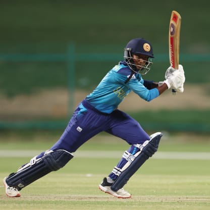 Kavisha Dilhari of Sri Lanka plays a shot during the ICC Women's T20 World Cup Qualifier 2024 Final match between Scotland and Sri Lanka at Zayed Cricket Stadium on May 07, 2024 in Abu Dhabi, United Arab Emirates.