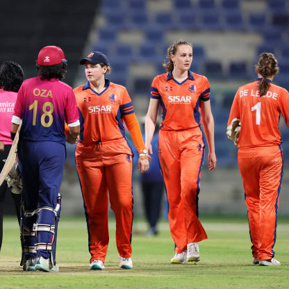 Players of Netherlands and United Arab Emirates shake hands following the ICC Women's T20 World Cup Qualifier 2024 match between Netherlands and United Arab Emirates at Zayed Cricket Stadium on April 29, 2024 in Abu Dhabi, United Arab Emirates.