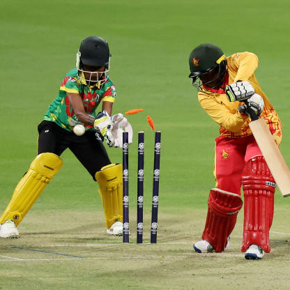 Loreen Tshuma of Zimbabwe is bowled out by Vanessa Vira of Vanuatu (not pictured) during the ICC Women's T20 World Cup Qualifier 2024 match between Zimbabwe and Vanuatu at Zayed Cricket Stadium on April 25, 2024 in Abu Dhabi, United Arab Emirates.