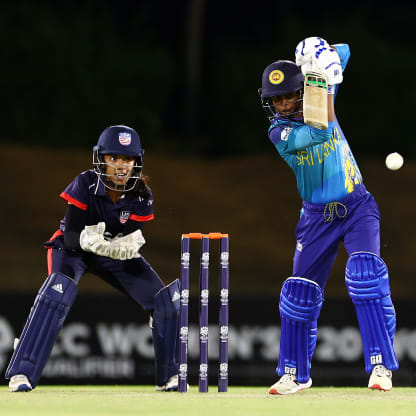 Nilakshi De Silva of Sri Lanka bats during the ICC Women's T20 World Cup Qualifier 2024 match between USA and Sri Lanka at Tolerance Oval on May 03, 2024 in Abu Dhabi, United Arab Emirates