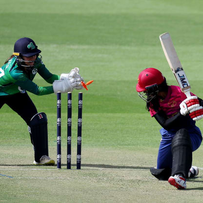 Khushi Sharma of United Arab Emirates is stumped by Wicket Keeper Amy Hunter of Ireland during the ICC Women's T20 World Cup Qualifier 2024 match between Ireland and United Arab Emirates at Zayed Cricket Stadium on April 25, 2024 in Abu Dhabi, United Arab Emirates.