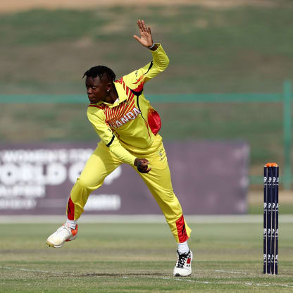 Immaculate Nakisuuyi of Uganda bowls during the ICC Women's T20 World Cup Qualifier 2024 match between Sri Lanka and Uganda at Zayed Cricket Stadium on May 01, 2024 in Abu Dhabi, United Arab Emirates.