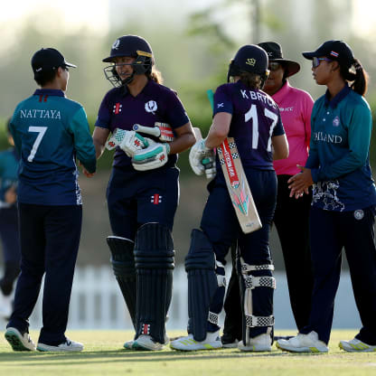 Players of Thailand shakes hands with players of Scotland after the ICC Women's T20 World Cup Qualifier 2024 match between Thailand and Scotland at Tolerance Oval on May 03, 2024 in Abu Dhabi, United Arab Emirates.