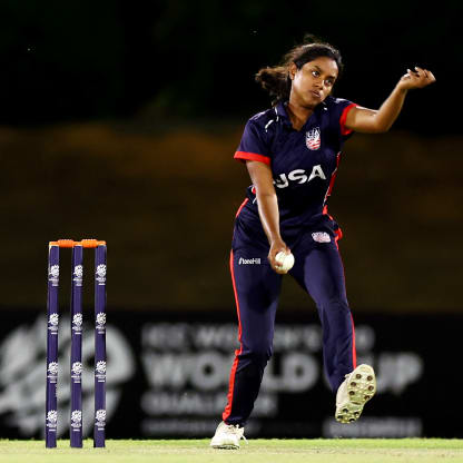 Saanvi Immadi of USA bowls during the ICC Women's T20 World Cup Qualifier 2024 match between USA and Sri Lanka at Tolerance Oval on May 03, 2024 in Abu Dhabi, United Arab Emirates.