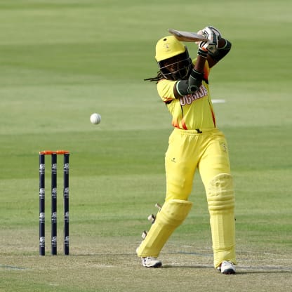 Janet Mbabazi of Uganda bats during the ICC Women's T20 World Cup Qualifier 2024 match between Sri Lanka and Uganda at Zayed Cricket Stadium on May 01, 2024 in Abu Dhabi, United Arab Emirates. 