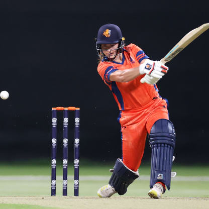 Robine Rijke of Netherlands plays a shot during the ICC Women's T20 World Cup Qualifier 2024 match between Netherlands and United Arab Emirates at Zayed Cricket Stadium on April 29, 2024 in Abu Dhabi, United Arab Emirates.