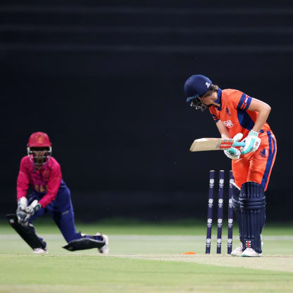 Babette de Leede of Netherlands is bowled by Samaira Dharnidharka during the ICC Women's T20 World Cup Qualifier 2024 match between Netherlands and United Arab Emirates at Zayed Cricket Stadium on April 29, 2024 in Abu Dhabi, United Arab Emirates.