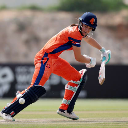 Babette De Leede of the Netherlands bats during the ICC Women's T20 World Cup Qualifier 2024 match between Zimbabwe and Netherlands at Tolerance Oval on May 01, 2024 in Abu Dhabi, United Arab Emirates.