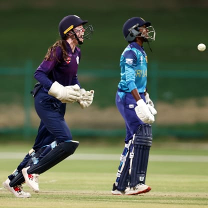 Sarah Bryce of Scotland celebrates the wicket of Kavisha Dilhari of Sri Lanka during the ICC Women's T20 World Cup Qualifier 2024 Final match between Scotland and Sri Lanka at Zayed Cricket Stadium on May 07, 2024 in Abu Dhabi, United Arab Emirates.