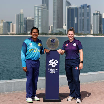 Chamari Athapaththu, captain of Sri Lanka and Kathryn Bryce, captain of Scotland pose with the trophy ahead of the ICC Women's T20 World Cup Qualifier 2024 final match between Sri Lanka and Scotland at Zayed Cricket Stadium on May 06, 2024 in Abu Dhabi, United Arab Emirates.