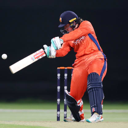 Heather Siegers of Netherlands plays a shot during the ICC Women's T20 World Cup Qualifier 2024 match between Netherlands and United Arab Emirates at Zayed Cricket Stadium on April 29, 2024 in Abu Dhabi, United Arab Emirates.