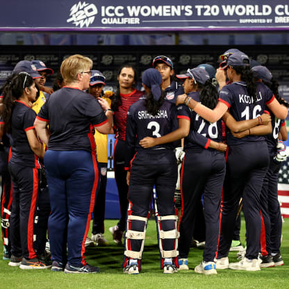 Players of the USA huddle prior to the ICC Women's T20 World Cup Qualifier 2024 match between Thailand and USA at Zayed Cricket Stadium on May 01, 2024 in Abu Dhabi, United Arab Emirates.