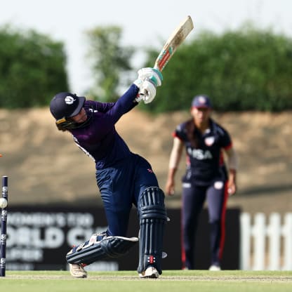 Katherine Fraser of Scotland is bowled by Isani Vaghela of USA during the ICC Women's T20 World Cup Qualifier 2024 match between USA and Scotland at Tolerance Oval on April 29, 2024 in Abu Dhabi, United Arab Emirates.