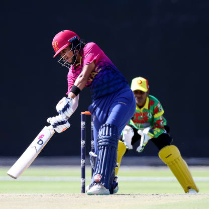 Esha Oza of United Arab Emirates bats during the ICC Women's T20 World Cup Qualifier 2024 match between United Arab Emirates and Vanuatu at Zayed Cricket Stadium on May 03, 2024 in Abu Dhabi, United Arab Emirates.
