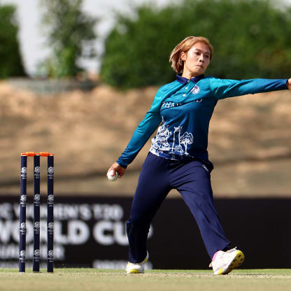 Chanida Sutthiruang of Thailand bowls during the ICC Women's T20 World Cup Qualifier 2024 match between Sri Lanka and Thailand at Tolerance Oval on April 25, 2024 in Abu Dhabi, United Arab Emirates.