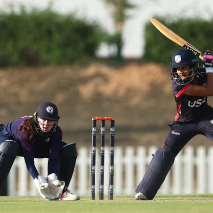 Isani Vaghela of USA plays a shot as Sarah Bryce of Scotland keeps during the ICC Women's T20 World Cup Qualifier 2024 match between USA and Scotland at Tolerance Oval on April 29, 2024 in Abu Dhabi, United Arab Emirates.