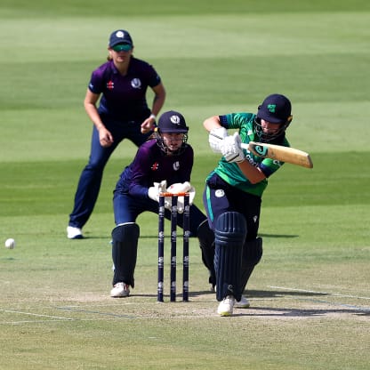 Leah Paul of Ireland bats during the ICC Women's T20 World Cup Qualifier 2024 Semi-Final match between Ireland and Scotland at Zayed Cricket Stadium on May 05, 2024 in Abu Dhabi, United Arab Emirates.