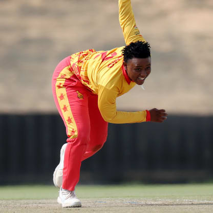 Josephine Nkomo of Zimbabwe bowls during the ICC Women's T20 World Cup Qualifier 2024 match between Zimbabwe and Netherlands at Tolerance Oval on May 01, 2024 in Abu Dhabi, United Arab Emirates.