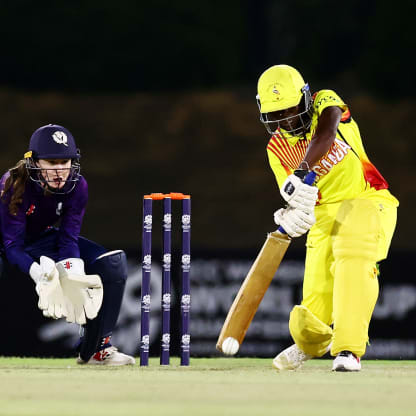 Nomvelo Sibanda of Zimbabwe bowls during the ICC Women's T20 World Cup Qualifier 2024 match between Zimbabwe and Vanuatu at Zayed Cricket Stadium on April 25, 2024 in Abu Dhabi, United Arab Emirates.