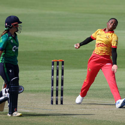 Audrey Mazvishaya of Zimbabwe in bowling action during the ICC Women's T20 World Cup Qualifier 2024 match between Ireland and Zimbabwe at Zayed Cricket Stadium on April 29, 2024 in Abu Dhabi, United Arab Emirates.