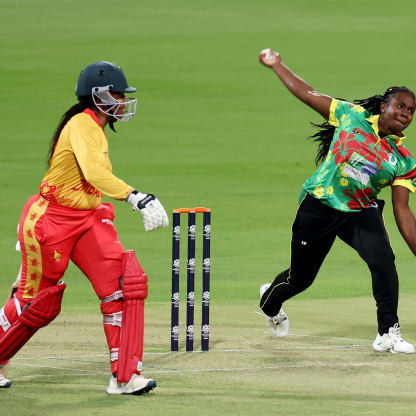 Selina Solman of Vanuatu bowls during the ICC Women's T20 World Cup Qualifier 2024 match between Zimbabwe and Vanuatu at Zayed Cricket Stadium on April 25, 2024 in Abu Dhabi, United Arab Emirates.