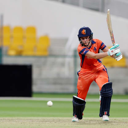Babette De Leede of the Netherlands bats during the ICC Women's T20 World Cup Qualifier 2024 match between Netherlands and Ireland at Zayed Cricket Stadium on May 03, 2024 in Abu Dhabi, United Arab Emirates.