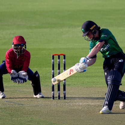 Orla Prendergast of Ireland hits four runs, to secure victory for Ireland, during the ICC Women's T20 World Cup Qualifier 2024 match between Ireland and United Arab Emirates at Zayed Cricket Stadium on April 25, 2024 in Abu Dhabi, United Arab Emirates.