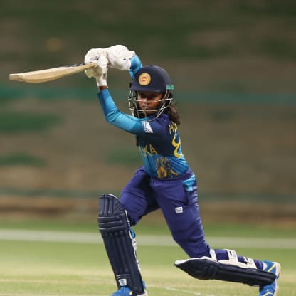 Harshitha Madavi of Sri Lanka plays a shot during the ICC Women's T20 World Cup Qualifier 2024 Final match between Scotland and Sri Lanka at Zayed Cricket Stadium on May 07, 2024 in Abu Dhabi, United Arab Emirates.