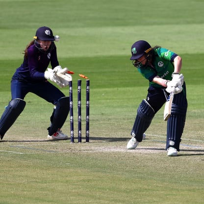 Laura Delaney of Ireland is bowled out by Kathryn Bryce of Scotland during the ICC Women's T20 World Cup Qualifier 2024 Semi-Final match between Ireland and Scotland at Zayed Cricket Stadium on May 05, 2024 in Abu Dhabi, United Arab Emirates.