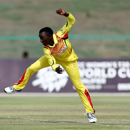 Lorna Anyait of Uganda bowls during the ICC Women's T20 World Cup Qualifier 2024 match between Sri Lanka and Uganda at Zayed Cricket Stadium on May 01, 2024 in Abu Dhabi, United Arab Emirates.