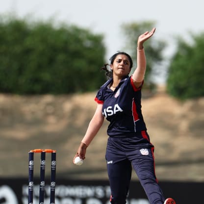 Suhani Thadani of USA in bowling action during the ICC Women's T20 World Cup Qualifier 2024 match between USA and Scotland at Tolerance Oval on April 29, 2024 in Abu Dhabi, United Arab Emirates.