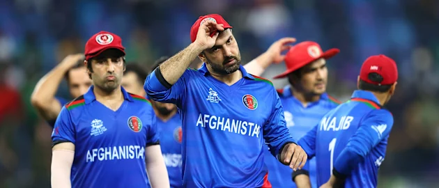 Mohammad Nabi of Afghanistan reacts following the ICC Men's T20 World Cup match between Pakistan and Afghanistan at Dubai International Stadium on October 29, 2021 in Dubai, United Arab Emirates.