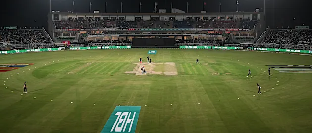 A general view of the Rawalpindi Cricket Stadium shows the Pakistan Super League (PSL) Twenty20 cricket match