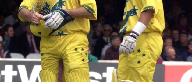 61024 Australia`s captain Steve Waugh checks his helmet